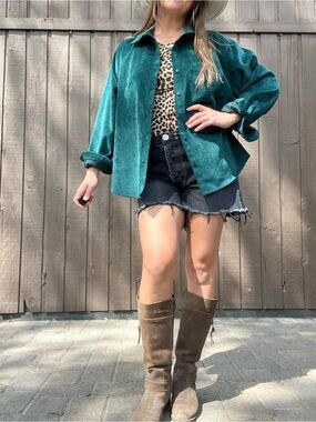 Zara Teal Green Velvet Oversized Button-Down Shirt XL